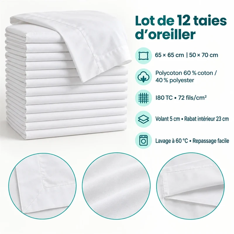 Lot de 12 taies d’oreiller avec volant 180 TC - Gamme Essentiel