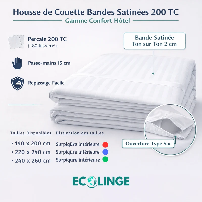 Lot de 6 Housses de Couette Bandes Satinées 200 TC - Gamme Confort Hôtel