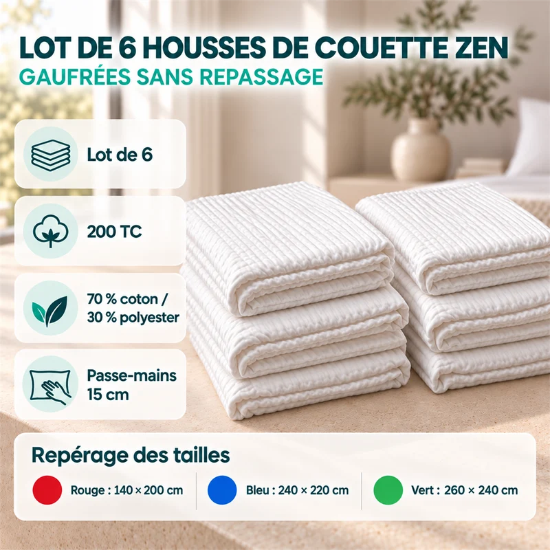 Lot de 6 housses de couette gaufrées sans repassage 200 TC - Zen