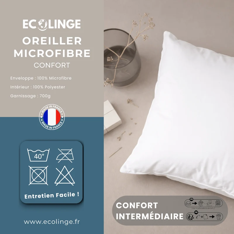 Oreiller microfibre - Gamme Confort soutien intermédiaire