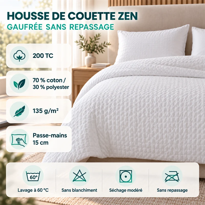 Housse de couette gaufrée sans repassage 200 TC - Zen