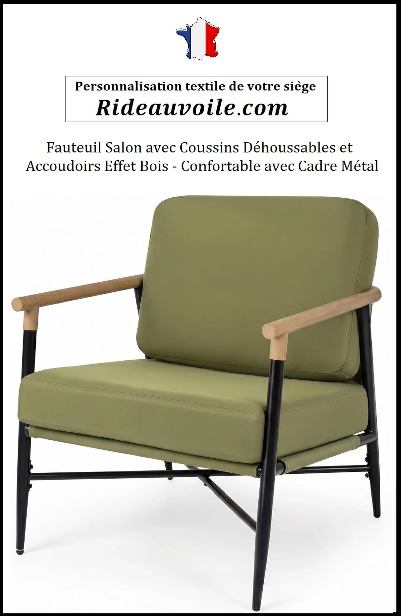 Fauteuil d'appoint Salon Coussins vert olive Déhoussables personnalisable Accoudoirs
