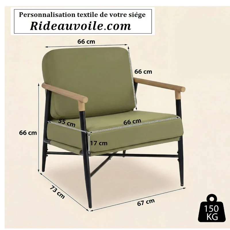 Fauteuil d'appoint Salon Coussins vert olive Déhoussables personnalisable Accoudoirs