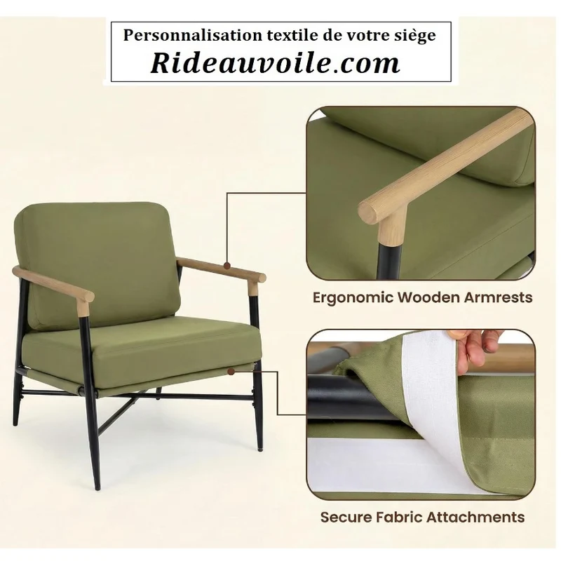 Fauteuil d'appoint Salon Coussins vert olive Déhoussables personnalisable Accoudoirs