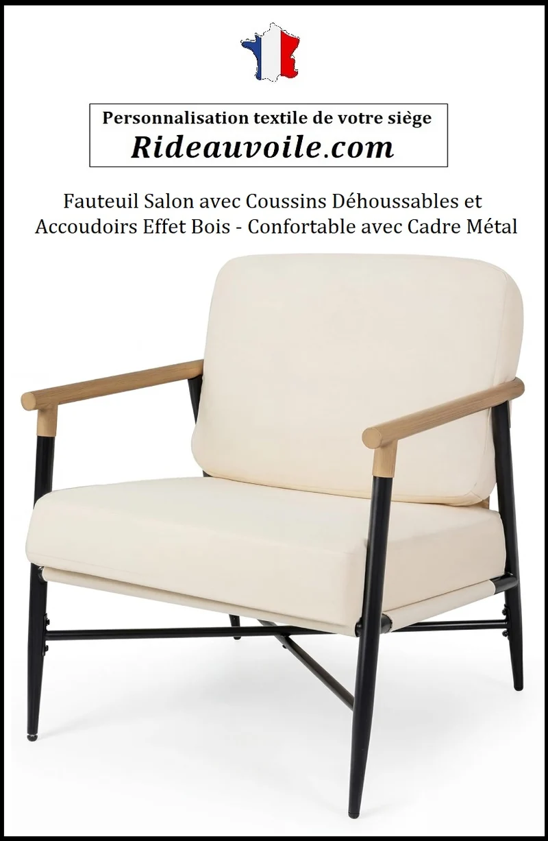 Fauteuil d'appoint Salon avec Coussins Déhoussables personnalisable Accoudoirs Effet Bois