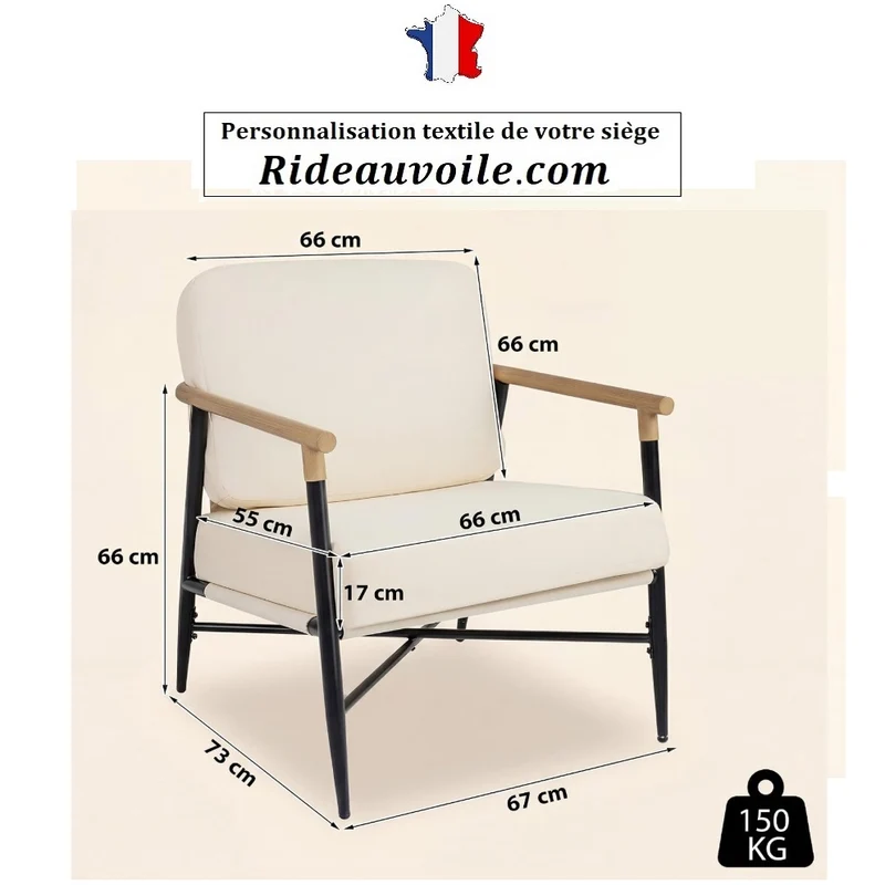 Fauteuil d'appoint Salon avec Coussins Déhoussables personnalisable Accoudoirs Effet Bois