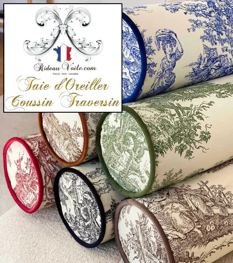 Taie d'oreiller traversin en lin housse coussin Toile de Jouy intérieur Luxe Designer