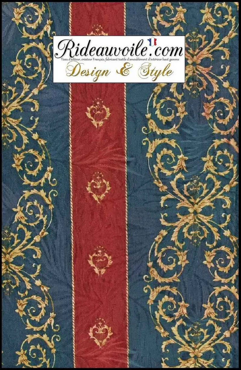Tissu coton ameublement bleu rouge rayure ornement Or baroque mètre rideau