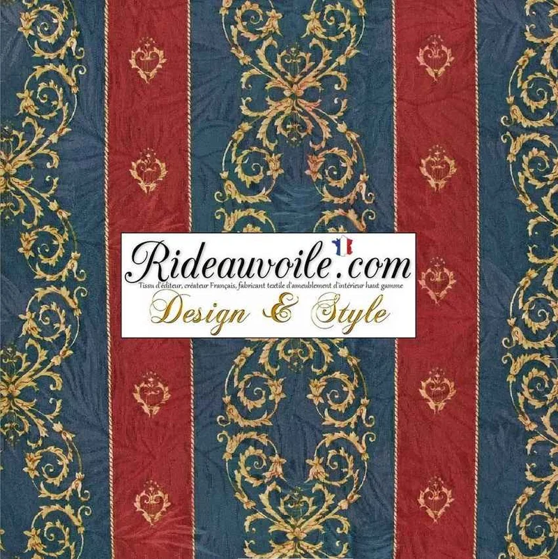 Tissu coton ameublement bleu rouge rayure ornement Or baroque mètre rideau