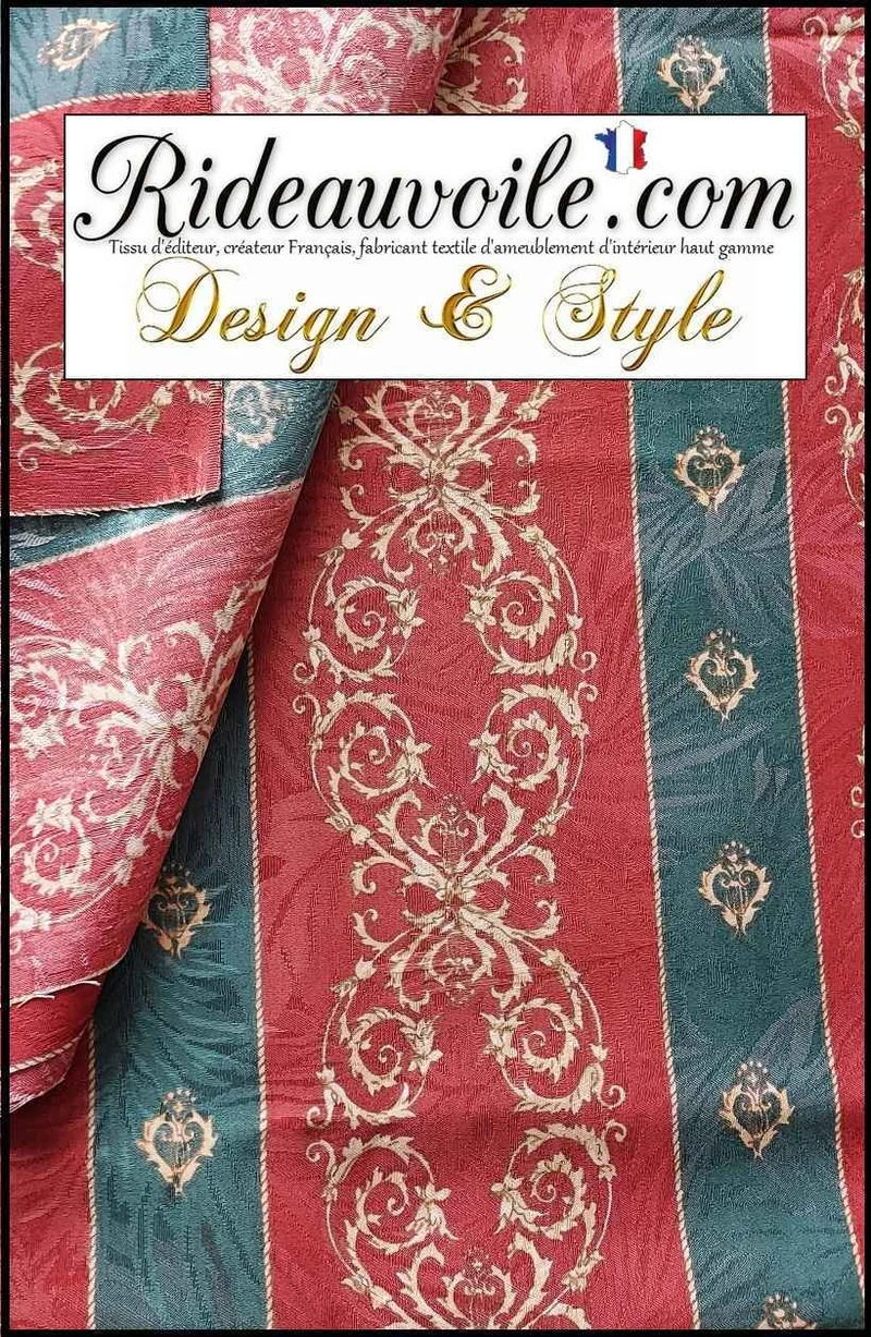 Tissu ameublement imprimé rouge vert draperie rayures largeur 280 cm