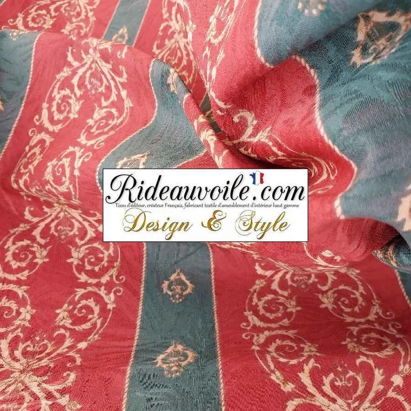 Tissu ameublement imprimé rouge vert draperie rayures largeur 280 cm