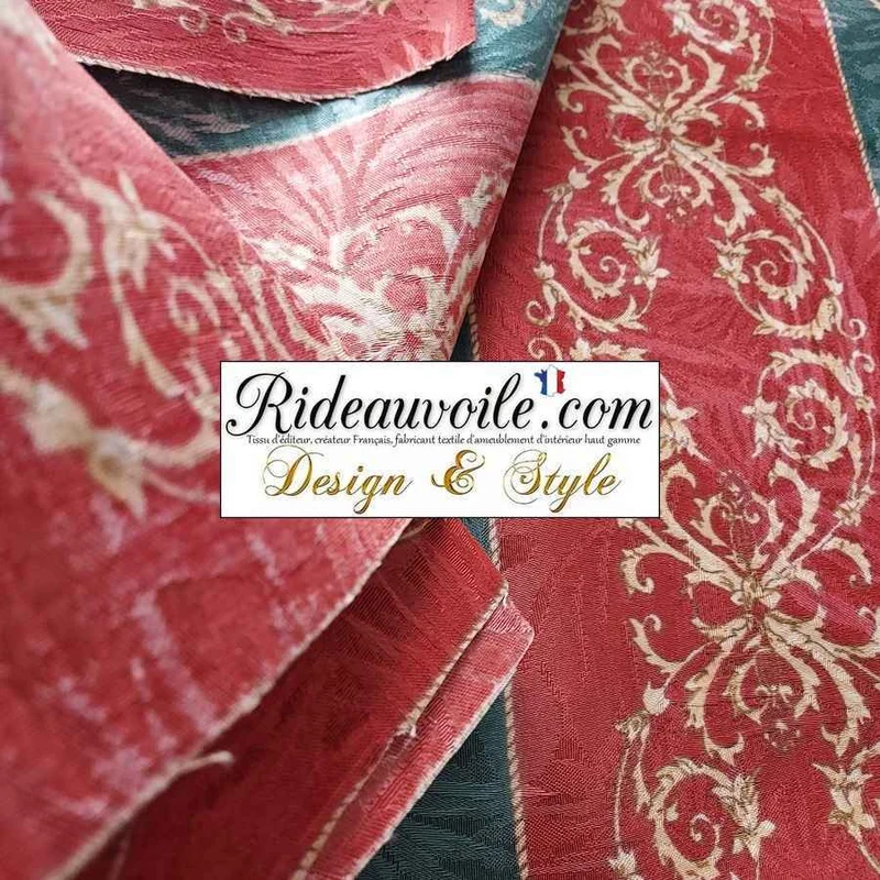 Tissu ameublement imprimé rouge vert draperie rayures largeur 280 cm
