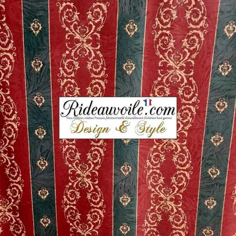 Tissu ameublement imprimé rouge vert draperie rayures largeur 280 cm