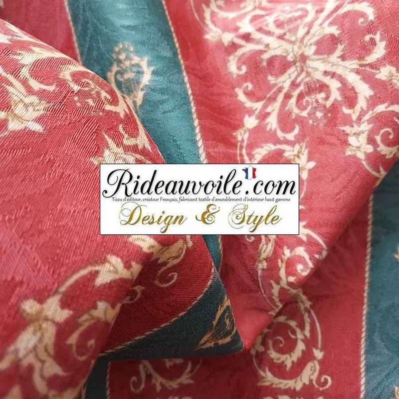 Tissu ameublement imprimé rouge vert draperie rayures largeur 280 cm