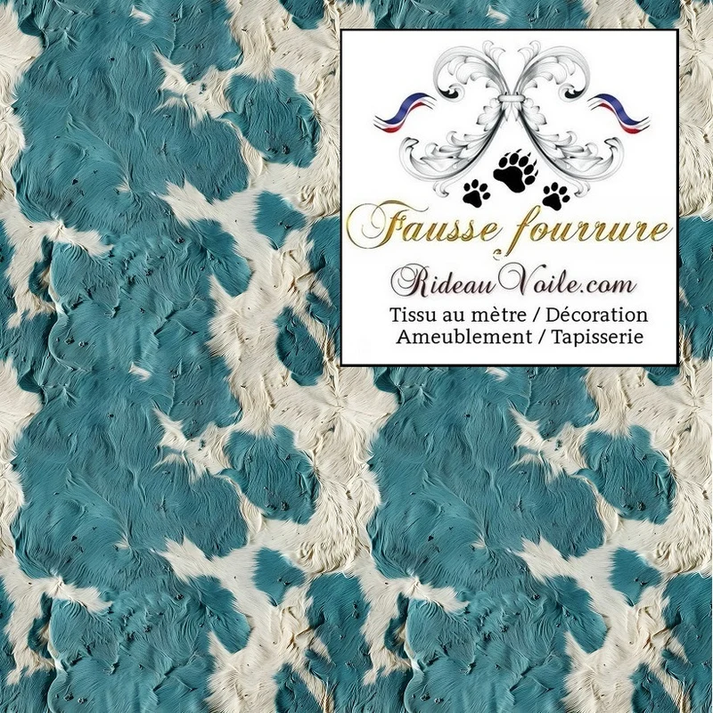 Velours tissu ameublement fausse fourrure imprimé tâche de vache BLEU