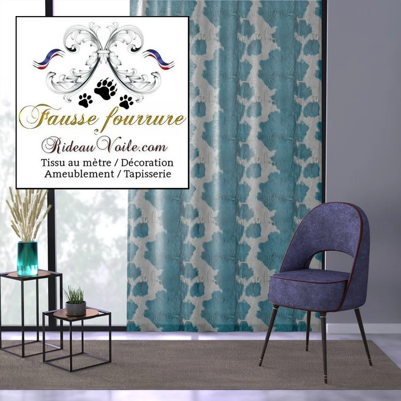 Velours tissu ameublement fausse fourrure imprimé tâche de vache BLEU
