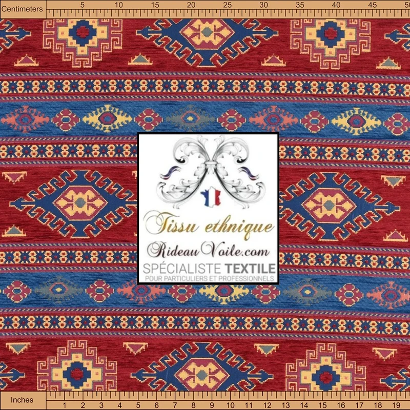 Tissu velours chenille kilim Aztec ethnique tribal motif turc rouge bleu