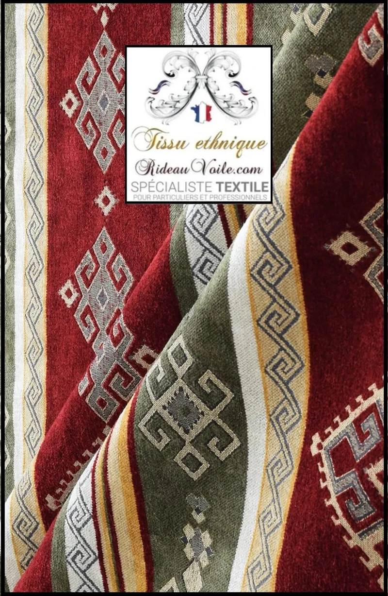 Tissu ameublement tapisserie velours kilim Navajo rouge vert rayures mètre