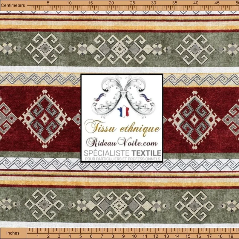 Tissu ameublement tapisserie velours kilim Navajo rouge vert rayures mètre