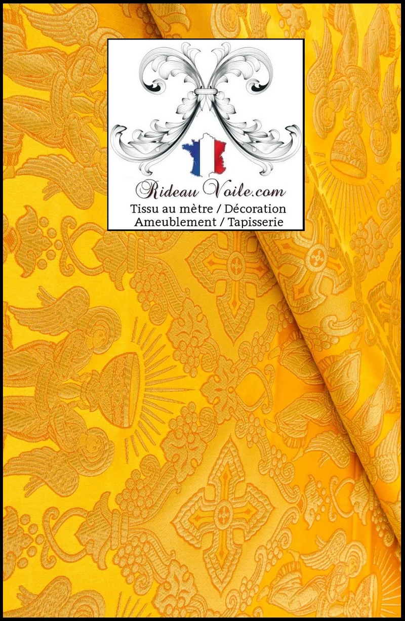 Tissu religieux Médiéval Brocart Damasco Baroque Liturgique jaune Or mètre