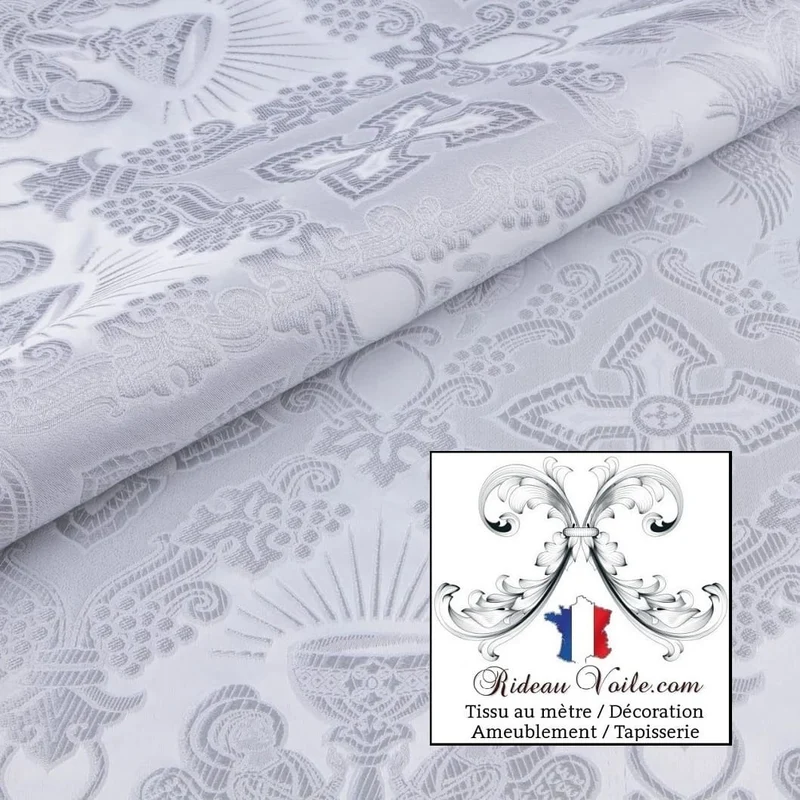 Tissu religieux Médiéval Brocart Damasco Baroque Liturgique blanc au mètre