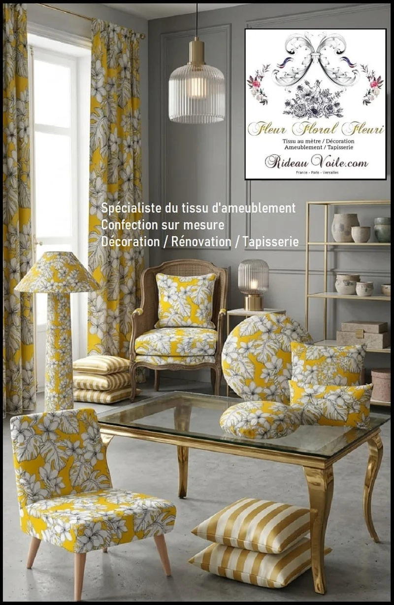 Tissu jaune façon Toile de Jouy ameublement imprimé feuilles exotique