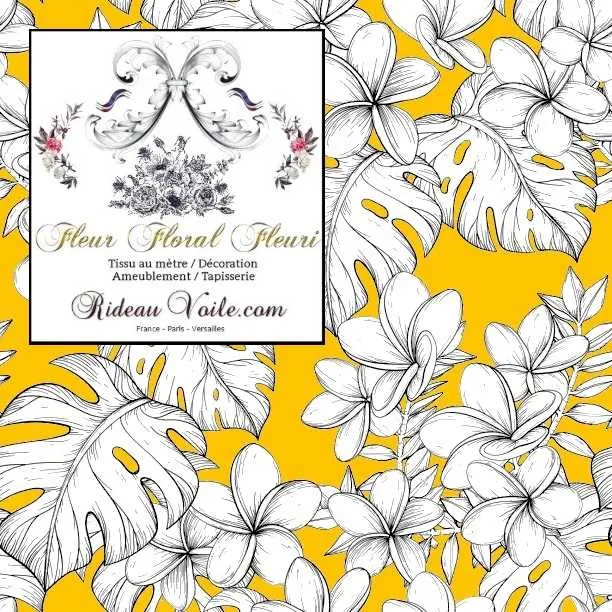 Tissu tropical fond jaune imprimé feuilles fleur dessin noir tropicale mètre