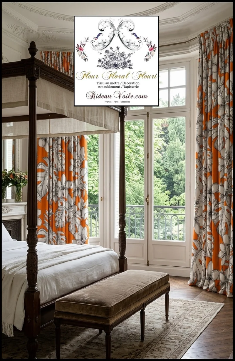 Tissu motif Toile de Jouy ameublement orange motif feuilles exotique