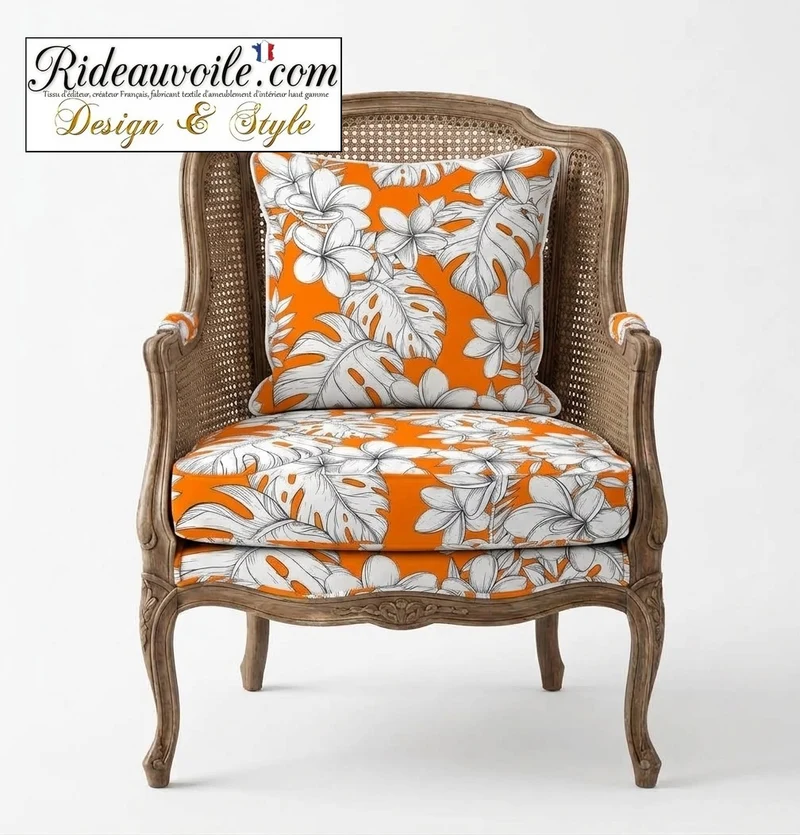 Tissu motif Toile de Jouy ameublement orange motif feuilles exotique