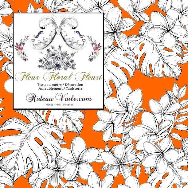 Tissu tropical fond orange imprimé feuilles fleur dessin noir exotique mètre