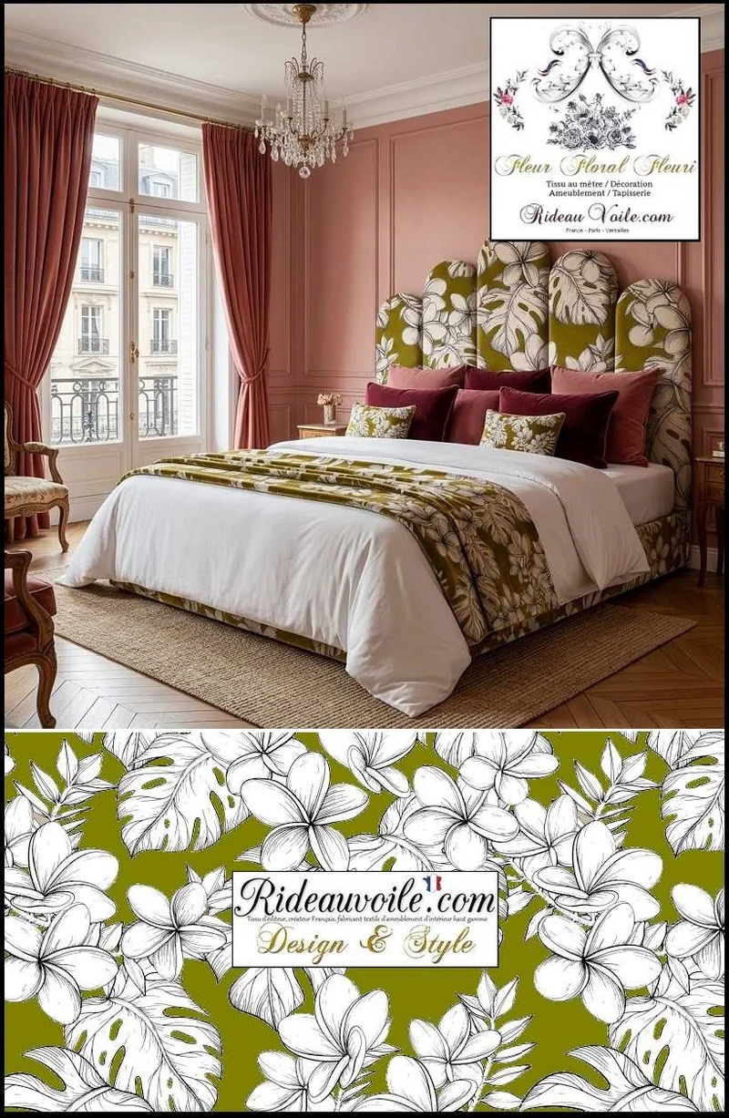 Tissu ameublement tropical kaki vert imprimé feuilles dessin noir exotique mètre