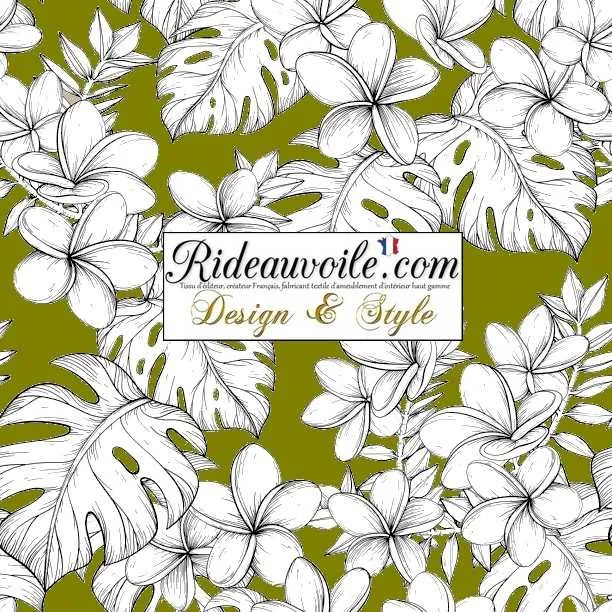Tissu ameublement tropical kaki vert imprimé feuilles dessin noir exotique mètre