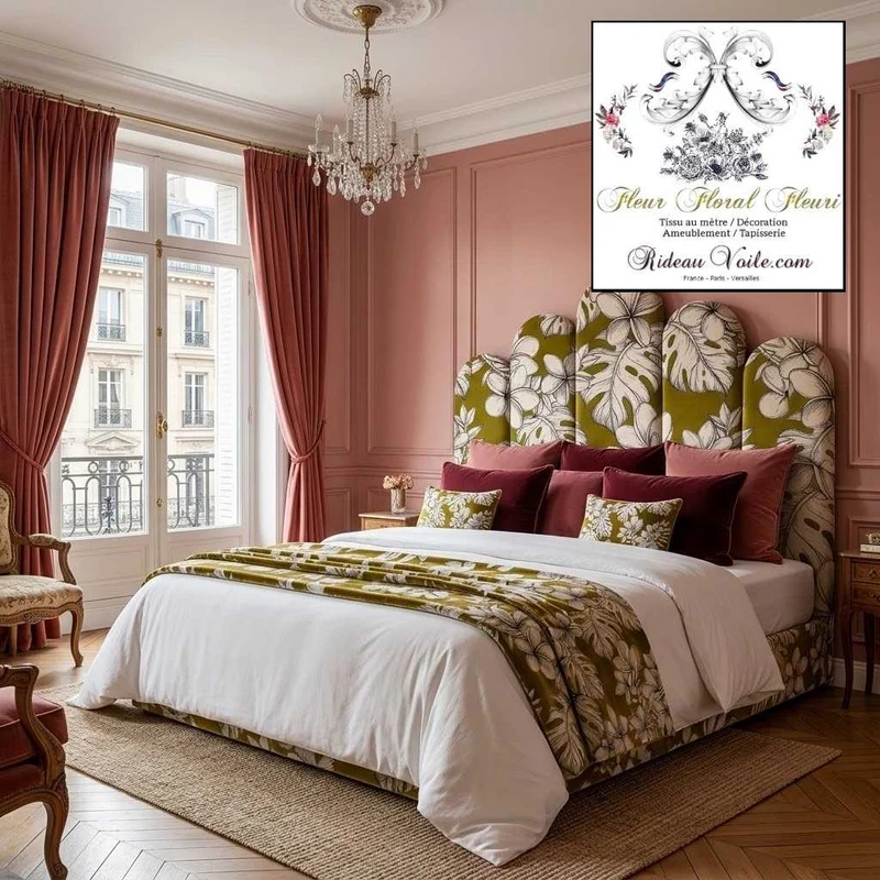 Tissu ameublement tropical kaki vert imprimé feuilles dessin noir exotique mètre