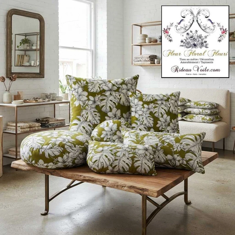 Tissu ameublement tropical kaki vert imprimé feuilles dessin noir exotique mètre