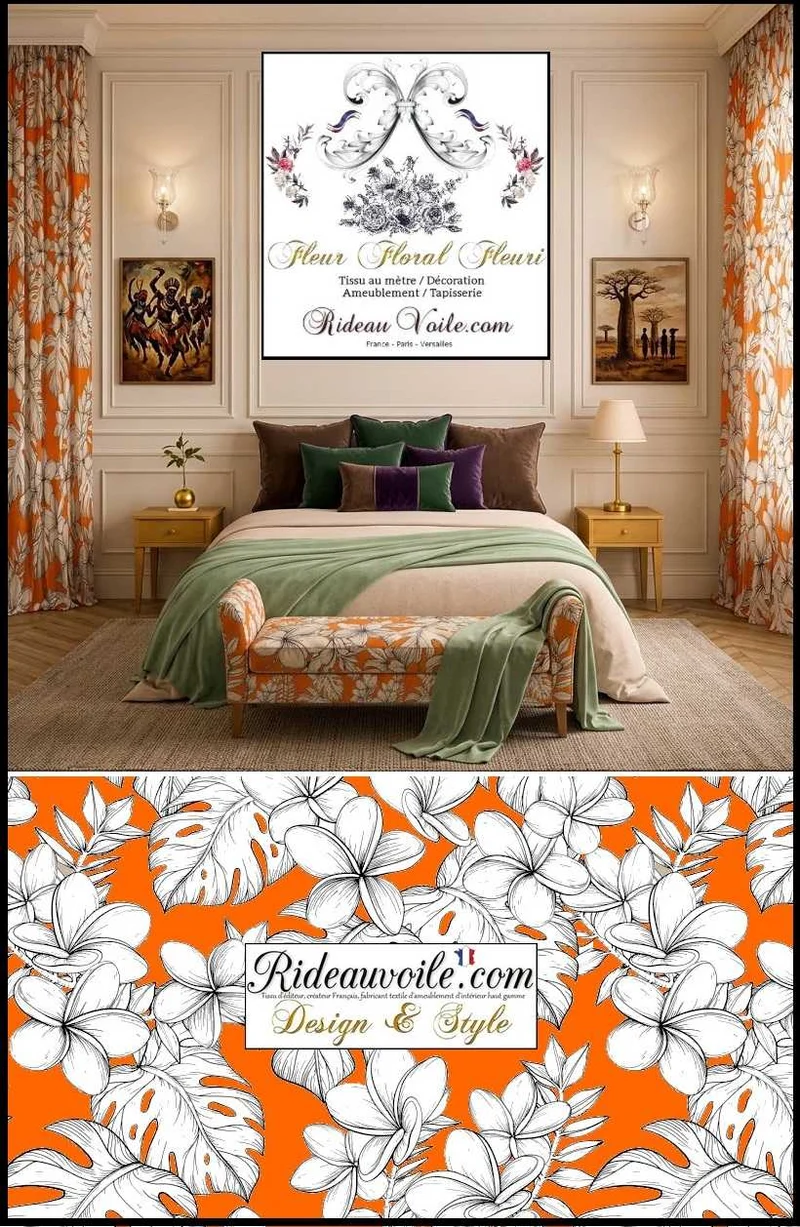 Tissu tropical fond orange imprimé feuilles fleur dessin noir exotique mètre
