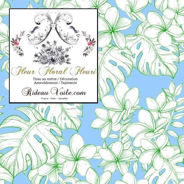 Tissu ameublement bleu imprimé feuilles fleur vert tropicale mètre