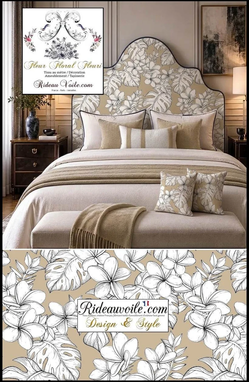 Tissu ameublement imprimé feuilles fleurs dessin feuillage beige mètre