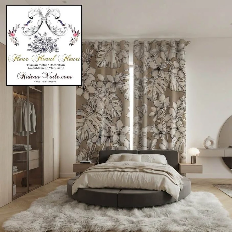 Tissu ameublement imprimé feuilles fleurs dessin feuillage beige mètre