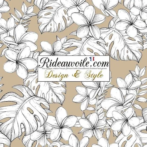 Tissu ameublement imprimé feuilles fleurs dessin feuillage beige mètre