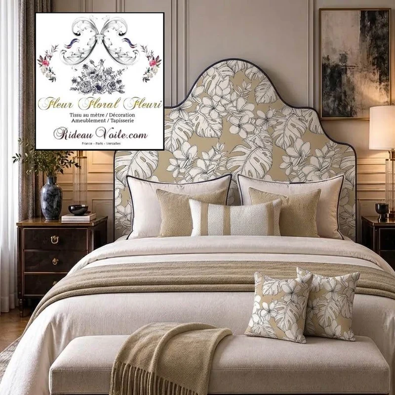 Tissu ameublement imprimé feuilles fleurs dessin feuillage beige mètre