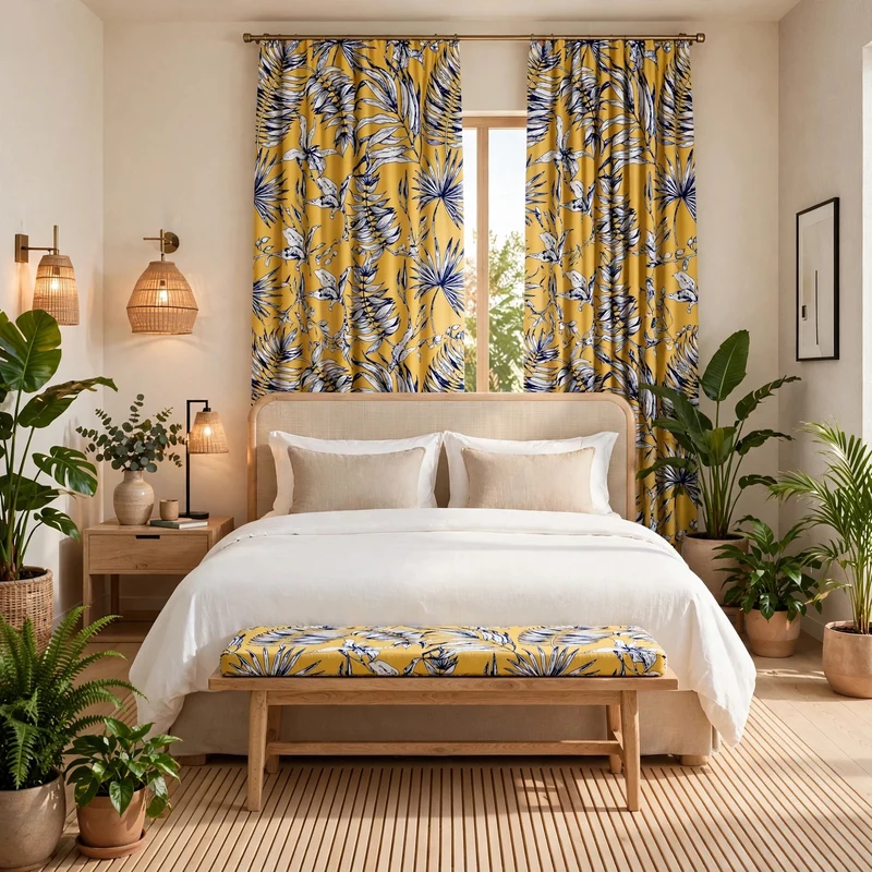 Tissu orange fleuri imprimé jaune cumin feuilles tropical feuillages noir