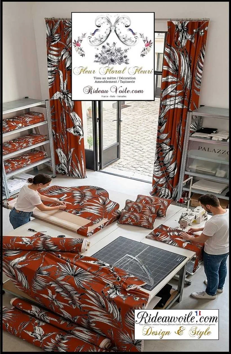 Tissu ameublement fleuri imprimé rouge feuilles tropical feuillage noir