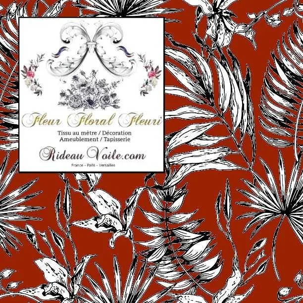 Tissu ameublement fleuri imprimé rouge feuilles tropical feuillage noir