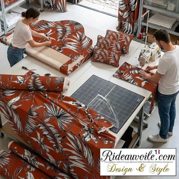 Tissu ameublement fleuri imprimé rouge feuilles tropical feuillage noir