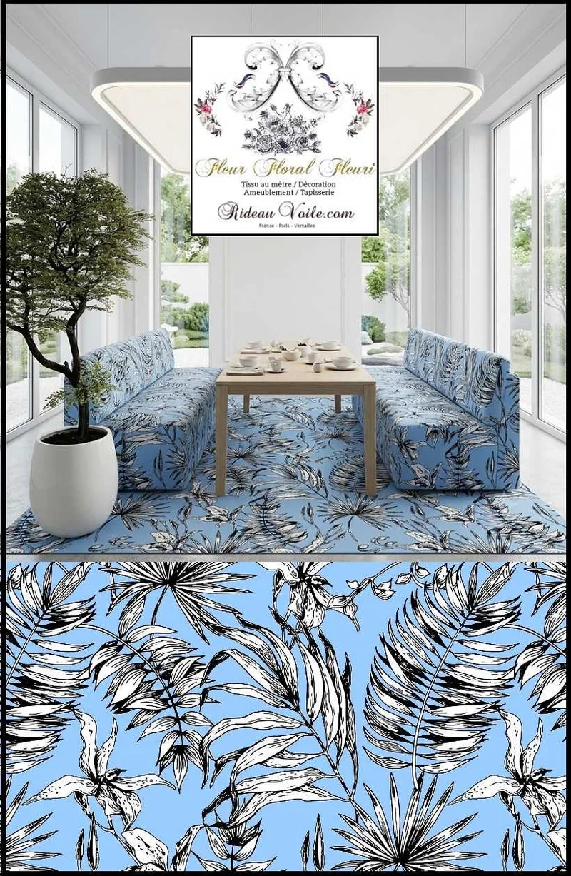 Tissu ameublement imprimé bleu feuilles fleuri tropical feuillages noir
