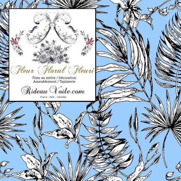 Tissu ameublement imprimé bleu feuilles fleuri tropical feuillages noir