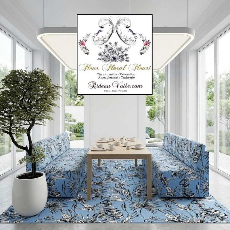 Tissu ameublement imprimé bleu feuilles fleuri tropical feuillages noir