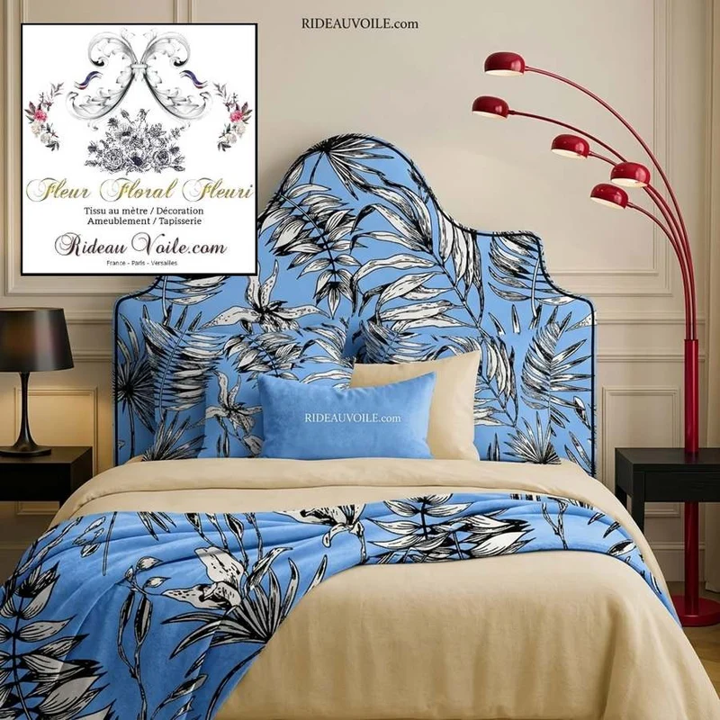 Tissu ameublement imprimé bleu feuilles fleuri tropical feuillages noir