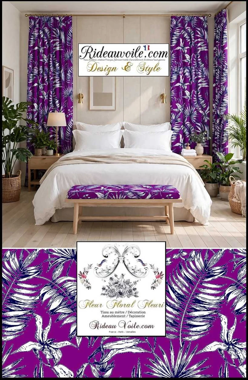 Tissu ameublement imprimé feuilles fleur tropical feuillage violet noir
