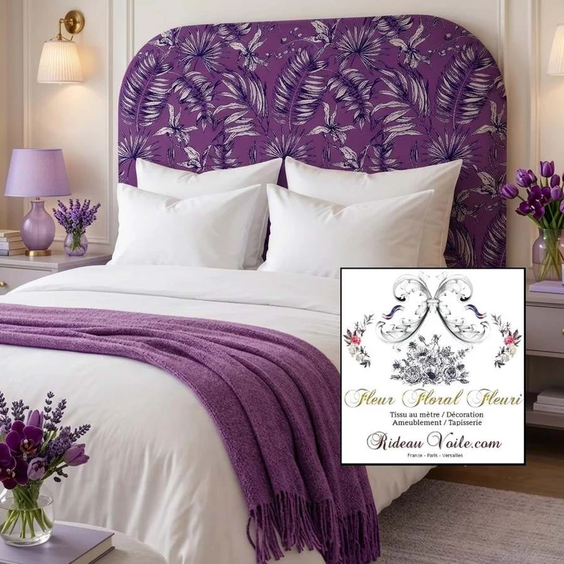 Tissu ameublement imprimé feuilles fleur tropical feuillage violet noir